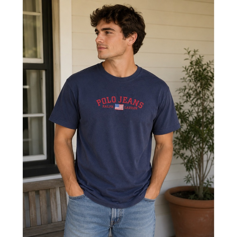 Polo Jeans Ralph Lauren Mens Navy Blue Graphic T-Shirt Large vintage Y2K retro
